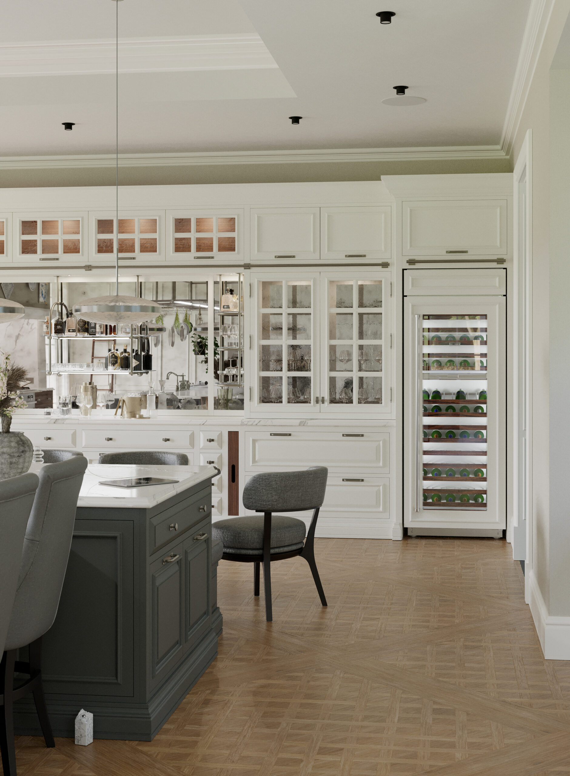 Cucina classica Shaker Mary su misura realizzata da Martini Verona, vista d’insieme con isola centrale e cantinetta vino integrata – martini-verona.it