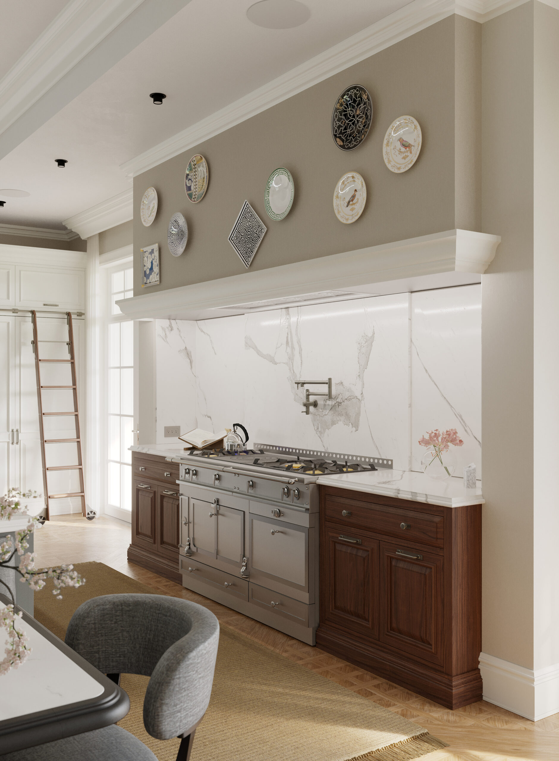 Cucina classica Shaker Mary su misura realizzata da Martini Verona, vista frontale della zona cottura con piano in pietra e mobili in legno – martini-verona.it