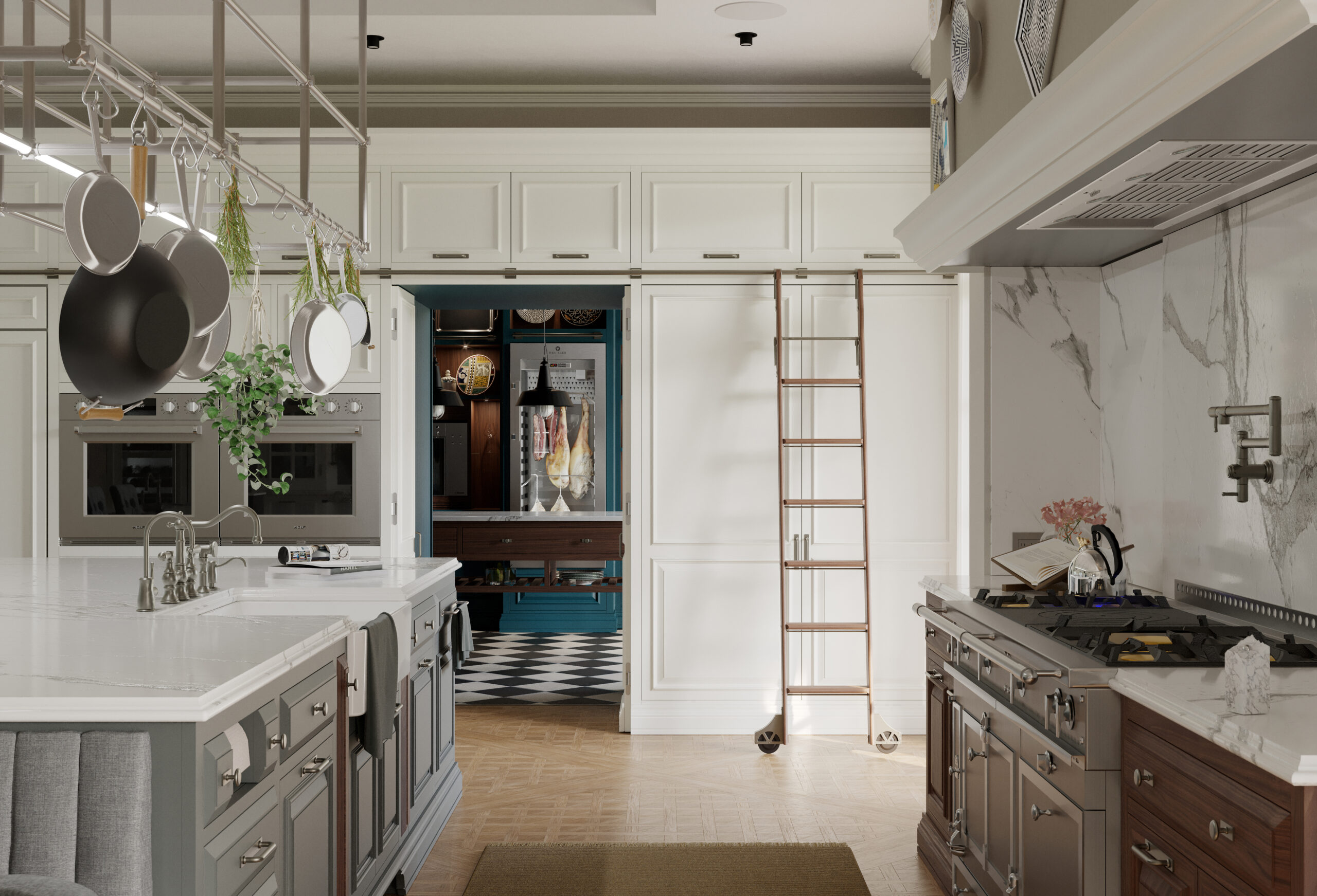 Cucina classica Shaker Mary su misura realizzata da Martini Verona, vista con zona cottura, isola centrale e passaggio verso dispensa – martini-verona.it