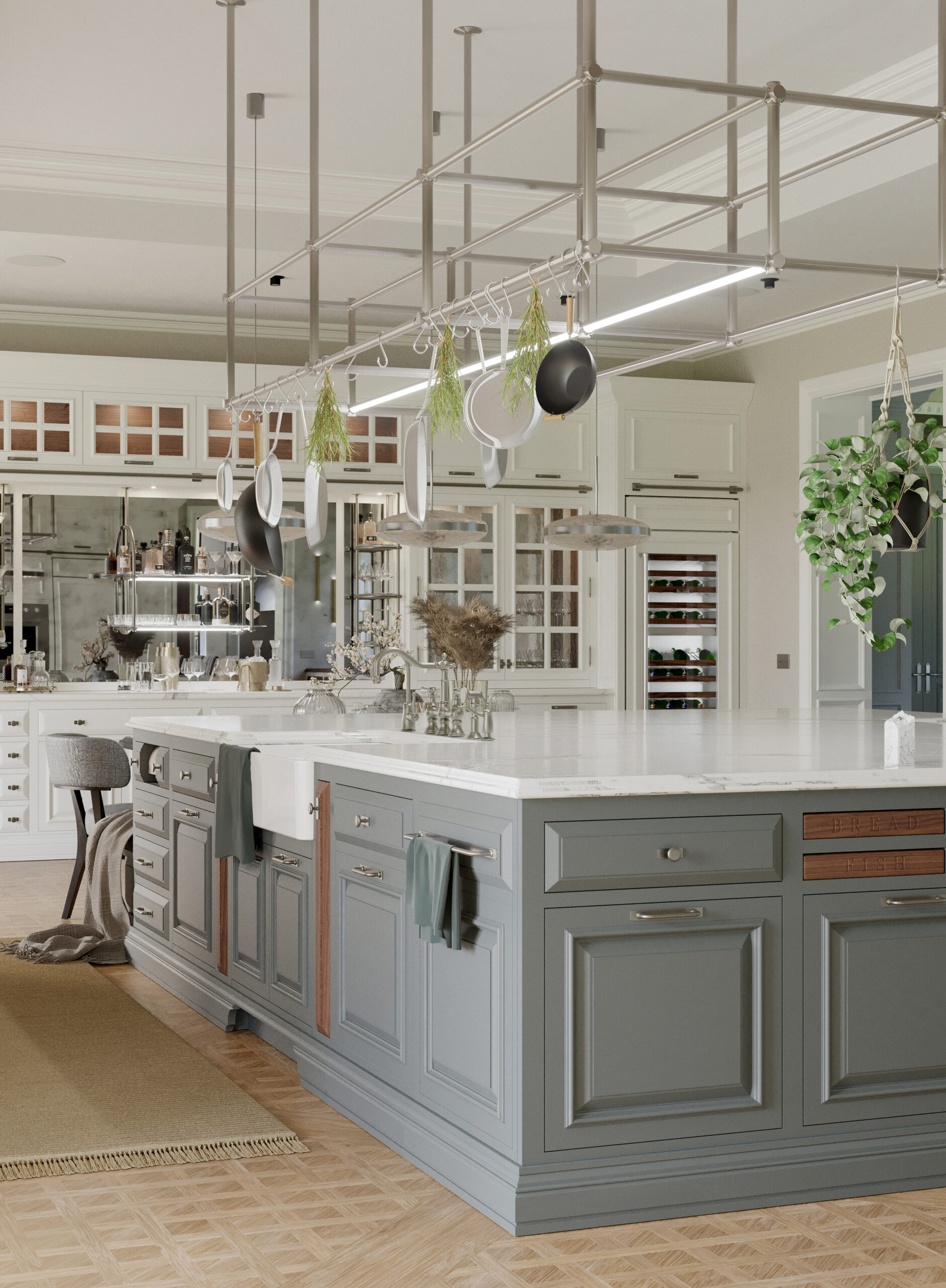 Cucina classica Shaker Mary su misura realizzata da Martini Verona, grande isola centrale con piano in pietra e struttura sospesa – martini-verona.it